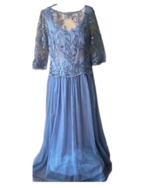 Brianna blue lace 3/4 sleeves swing sheer embroidered formal gown dress, size 12